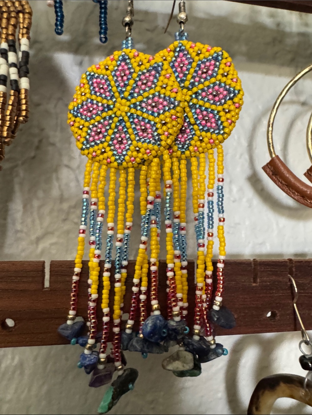 Handmade Yellow Seed Bead Fringe Earrings with Pink & Blue Floral Pattern